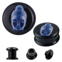 Load image into Gallery viewer, The Schraub Plug Acryl Buddha Kopf 3D blau displays a luminous blue Buddha head on the front, shown from multiple angles. This unique Tunnel Expander Piercing Ohrschmuck features visible threaded ends and a striking 3D effect.
