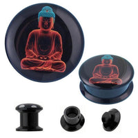 Load image into Gallery viewer, Schraub Plug Acryl Buddha orange 3D türkis Tunnel Expander Piercing Ohrschmuck
