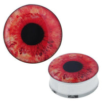 Load image into Gallery viewer, The Plug Tunnel Auge rot Pupille features a vivid red iris and black pupil on durable stainless steel and acrylic—ideal for those wanting a striking red eye expander piercing.
