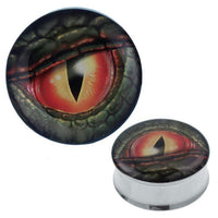 Cargar imagen en el visor de la galería, A Plug Tunnel Auge Echse grün aus Edelstahl und Acryl mit Nahaufnahme eines grünen Reptilienauges und Schuppenmuster – der perfekte Expander Piercing aus Chirurgenstahl für einen auffälligen, einzigartigen Look.
