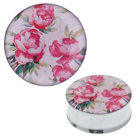 Cargar imagen en el visor de la galería, A round Edelstahl Plug Tunnel Pfingstrosen rosa grün Expander Piercing, featuring a pink peony floral acrylic design with green leaves on light background, made from surgical steel.
