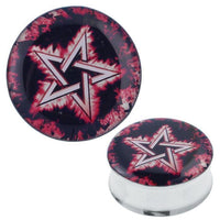 Load image into Gallery viewer, A round stainless steel plug tunnel, “Plug Tunnel Pentagramm Flammen schwarz rot,” features a vivid red, black, and white pentagram with fiery details on the front, made of stainless steel and acrylic for piercing.
