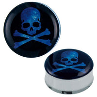 Load image into Gallery viewer, A pair of Plug Tunnel Piraten Totenkopf blau made from stainless steel and acrylic, featuring a blue skull and crossbones design on a dark background for expander piercing.
