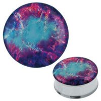 Load image into Gallery viewer, The Plug Tunnel türkis lila Blitze features a nebula-inspired Acryl front with swirling blue, purple, pink, and yellow patterns, set in a sleek Edelstahl Metalltunnel base—perfect as an Expander Piercing aus Chirurgenstahl.

