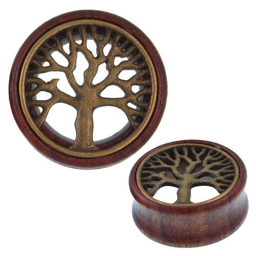 Holz Tunnel Baum des Lebens oxidiert Brass Inlay antik golden Tribal Plug Expander