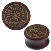 Load image into Gallery viewer, Holz Plug Sonnenuhr oxidiert Brass Inlay rund antik golden Tribal Tunnel Expander
