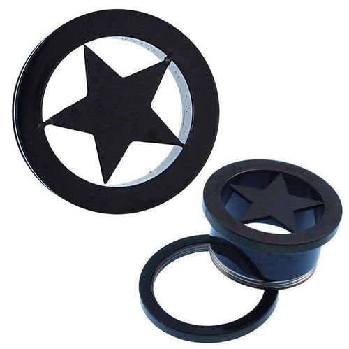 Tunnel schwarz aus Chirurgenstahl mit Stern-Cutout-Design. Gezeigt aus zwei Perspektiven: Frontansicht sowie teilweise aufgeschraubt mit sichtbaren Einzelteilen. Expander Schraub Plug Piercing Edelstahl.