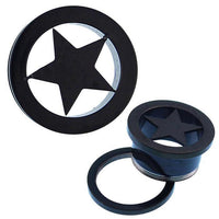 Load image into Gallery viewer, Tunnel schwarz aus Chirurgenstahl mit Stern-Cutout-Design. Gezeigt aus zwei Perspektiven: Frontansicht sowie teilweise aufgeschraubt mit sichtbaren Einzelteilen. Expander Schraub Plug Piercing Edelstahl.
