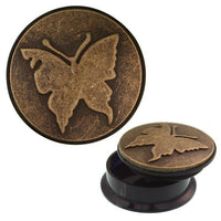 Load image into Gallery viewer, Schraub Plug Schmetterling Acryl Brass Inlay antik golden Tunnel Expander Piercing
