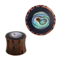 Load image into Gallery viewer, A pair of Holz Plug Tunnel Kokosholz with a round, iridescent Paua Abalone resin inlay in the center, featuring a shimmering Tribal design and crafted from coconut wood.
