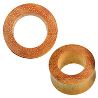 Load image into Gallery viewer, Two cylindrical Jackfrucht Holz Tunnel ocker Pünktchen konvex dick washers with a rough, textured brown surface are shown. Each has a large central hole and layered appearance. One washer is tilted to highlight its thick, convex shape.
