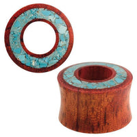 Load image into Gallery viewer, Two Holztunnel dunkelbraun gemasert plugs with round inlay of small türkisfarbenen Steinen, displayed from top and angled views. The dark brown wood contrasts beautifully with the blue-green stone accents.
