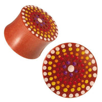 Load image into Gallery viewer, Sawo Holz Plug handbemalt Tupfen Blume rot gelb bunt Expander Tunnel Tribal
