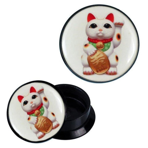 Schraub Plug Acryl Winkekatze weiß Glückskatze Expander Piercing Ohrschmuck