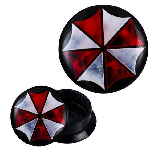 A stylish round black Acryl Schraub Plug with a red and white cross umbrella design, inspired by the Resident Evil emblem—perfect Expander Piercing Ohrschmuck for fans of the Schirm Kreuz Motiv.