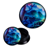 Load image into Gallery viewer, The Schraub Plug Acryl Paradies Garten in blue, green, and yellow features a detailed, fantasy forest scene—perfect for adding colorful, mystical art style to your Piercing Ohrschmuck collection.
