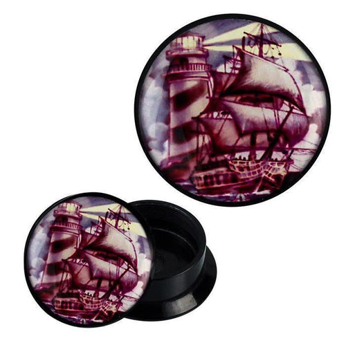 Schraub Plug Acryl Schiff Leuchtturm Segel lila braun Piercing Ohrschmuck