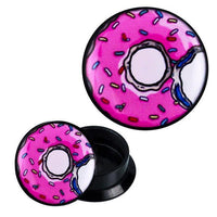 Load image into Gallery viewer, The Schraub Plug Acryl Donut pink blau Streusel angebissen Piercing Ohrschmuck features two black plugs with a bitten pink and blue sprinkled donut design, shown from top and side views, in an easy-to-use screw style.
