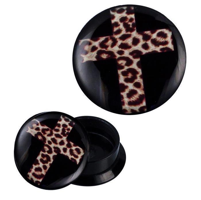 Schraub Plug Acryl Kreuz Leoparden Design Piercing Ohrschmuck