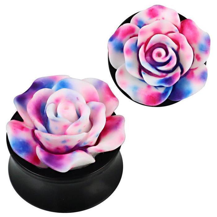 3D Plug Acryl weiß Rose pink blau gefleckt plastisch Piercing Ohrschmuck