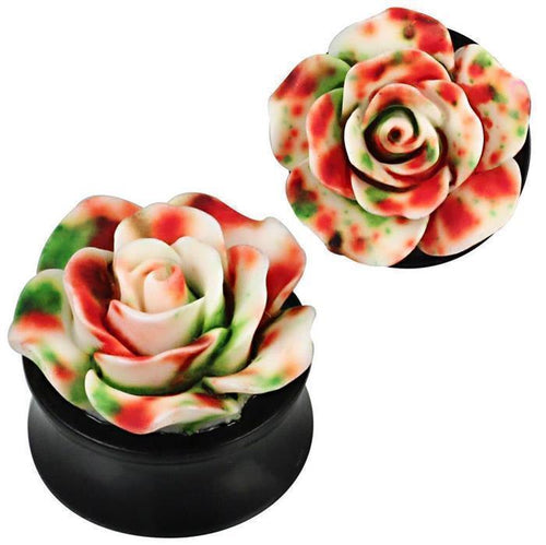 The 3D Plug Acryl weiß Rose orange grün gefleckt plastisch Piercing Ohrschmuck features artificial roses in white, green, and orange with a speckled design, artistically crafted for unique ear jewelry.