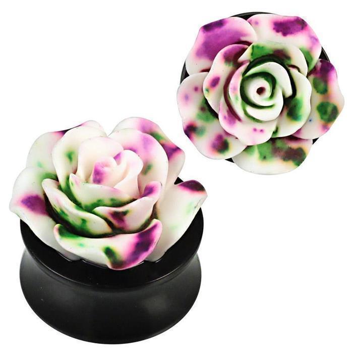 3D Plug Acryl weiß Rose lila grün gefleckt plastisch Piercing Ohrschmuck