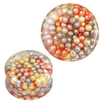 Load image into Gallery viewer, The Plug Acryl transparent metallic Kugeln bunt Piercing Ohrschmuck features a round, clear design filled with colorful pink, gold, white, and gray beads. Images show both top and side views with the beads arranged closely together.
