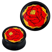 Cargar imagen en el visor de la galería, A Plug Acryl Blume Rose in black, with a vibrant red rose outlined in yellow on the front, shown from side and top views. Perfect as piercing Ohrschmuck.

