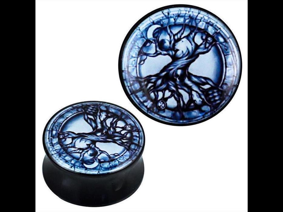 Plug Acryl blau schwarz Baum des Lebens Symbole Piercing Ohrschmuck