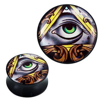 Cargar imagen en el visor de la galería, Plug Acryl Dreieck Auge grün Rahmen Schnörkel Wimpern Piercing Ohrschmuck
