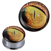 Load image into Gallery viewer, A pair of silver stainless steel Tunnel plugs, featuring a yellow-brown acrylic lizard eye design with a vertical black slit on the front. Product: Tunnel silbern Edelstahl Plug Acryl Echsen Auge gelb braun Piercing.
