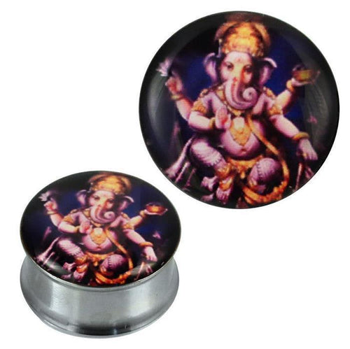 Tunnel silbern Edelstahl Plug Acryl Ganapati lila dunkelblau gelb Piercing