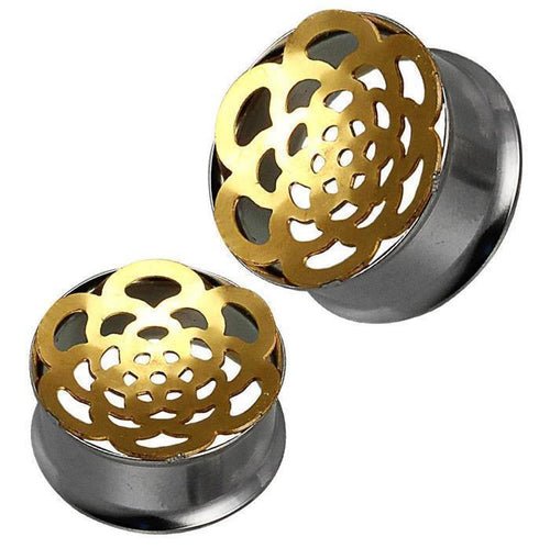 Tunnel silbern Edelstahl Plug golden Bögen Blume Piercing