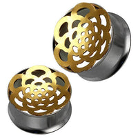 Load image into Gallery viewer, Tunnel silbern Edelstahl Plug golden Bögen Blume Piercing
