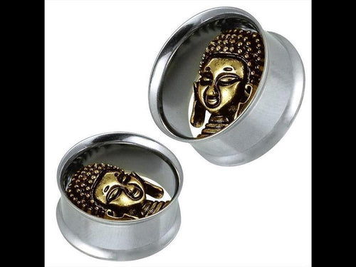 Tunnel silbern Edelstahl antik golden Brass Buddha Inlay Piercing