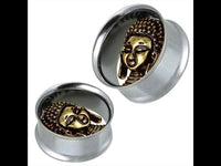 Load image into Gallery viewer, Tunnel silbern Edelstahl antik golden Brass Buddha Inlay Piercing
