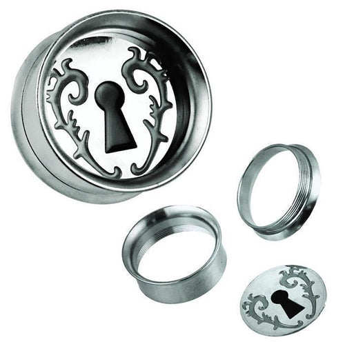 Schraub Plug Tunnel silbern grau schwarz Edelstahl verziertes Schlüsselloch Piercing