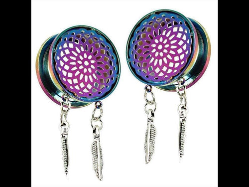 Schraub Tunnel Regenbogen Edelstahl Blume Traumfänger Federn silbern Anhänger