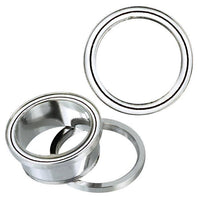 Load image into Gallery viewer, Two Schraub Tunnel silbern Edelstahl Piercings—one flat, one angled—showcasing grooved details and a white-black ring. Stylish Plug Ohrschmuck or unique Tunnel mit Ring Motiv accessory.
