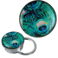 Load image into Gallery viewer, Schraub Plug Tunnel silbern Edelstahl grün blau Pfauenfedern Acryl Piercing
