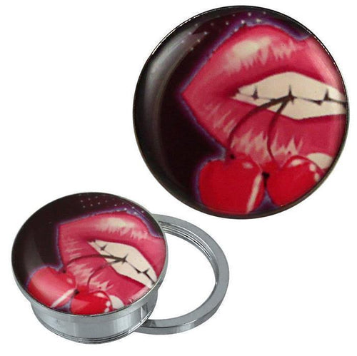 The silvery Edelstahl Schraub Plug Tunnel features a lid with vivid pink, purple, and black cherry-mouth art, making this acrylic piercing plug eye-catching and unique.