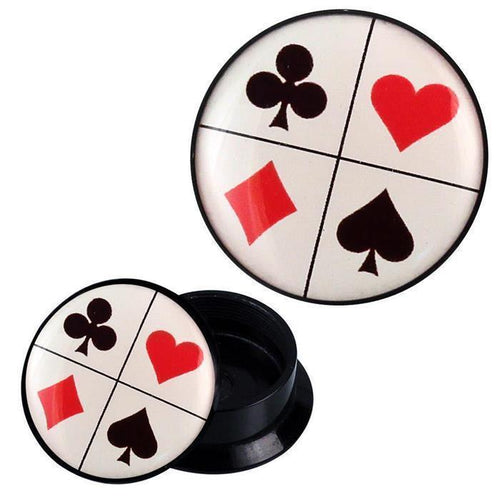 A round acrylic earring, the Schraub Plug Acryl schwarz rot Karo Herz Pik Kreuz, showcases club, heart, diamond, and spade symbols on a sleek black and red background—ideal for card game enthusiasts.