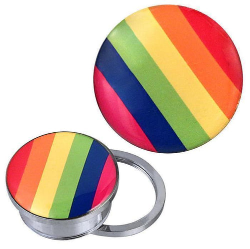 A silvery stainless steel Schraub Plug Tunnel piercing features a vibrant rainbow striped acrylic design. One plug is upright, while another is shown extended, highlighting the colorful Regenbogen Streifen Motiv.