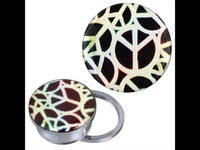 Load image into Gallery viewer, A round silvery stainless steel Schraub Plug Tunnel piercing with a multicolored, white Peace Zeichen design in acrylic, featuring abstract geometric patterns on a black background with iridescent highlights.
