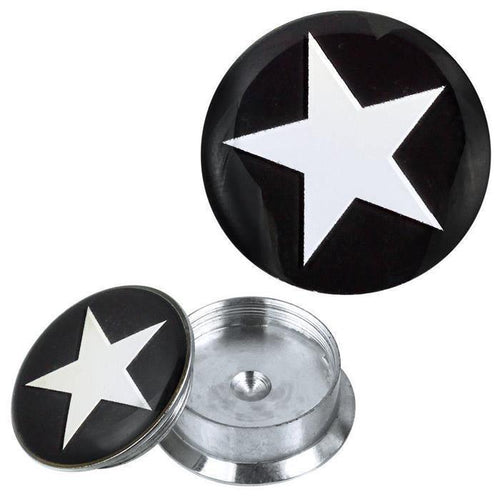 The Schraub Plug Tunnel silbern Edelstahl features a round black acrylic cap with a white star, shown both assembled and with the cap removed to expose the silver metallic base.