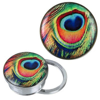 Load image into Gallery viewer, Two silvery metallic purse hooks showcase the vibrant Pfauen Auge design of the Schraub Plug Tunnel in colorful acrylic, reminiscent of Piercing Schmuck. One hook is open, the other folded, displaying detailed green, blue, yellow, orange, and pink accents.
