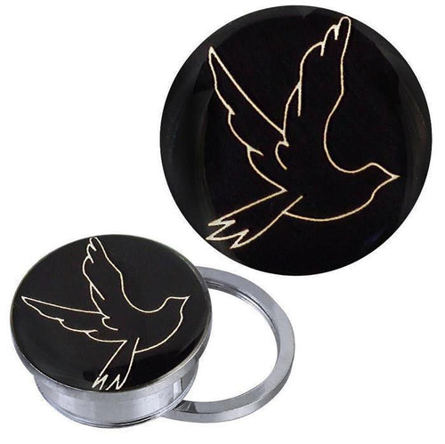 The Schraub Plug Tunnel silbern Edelstahl features a black and white acrylic dove (Taube) design, with a minimalist flying bird motif, accented in light tones, set in a round silver-plated piercing.