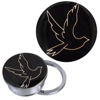Load image into Gallery viewer, The Schraub Plug Tunnel silbern Edelstahl features a black and white acrylic dove (Taube) design, with a minimalist flying bird motif, accented in light tones, set in a round silver-plated piercing.
