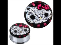Load image into Gallery viewer, Tunnel silbern Edelstahl Plug Acryl Sugar Skull Katze Schleife pink Piercing
