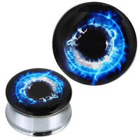 Load image into Gallery viewer, A pair of round, silver stainless steel tunnels with glossy acrylic tops featuring a blue and white electric swirl—perfect for adding bold flair with the Tunnel silbern Edelstahl Plug Acryl Strom Strudel.
